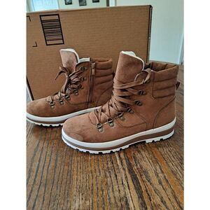 New 9 Brown Faux Suede Micro Suede Lace Up Side Zip Hiking Ankle Boots Booties